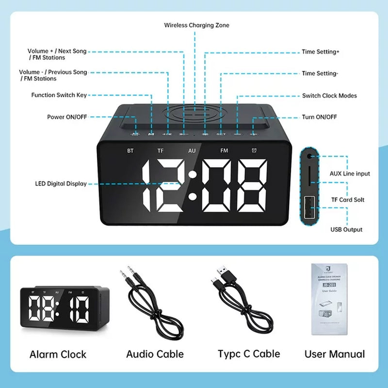 Alarm Clock Radio Wireless Charging & USB Port Bluetooth Speaker LED Display