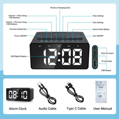 Alarm Clock Radio Wireless Charging & USB Port Bluetooth Speaker LED Display