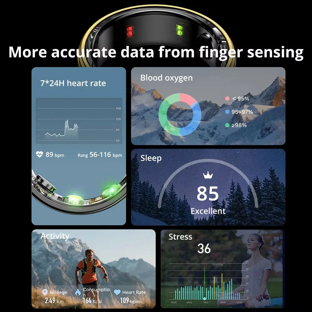 Smart Ring Heart Rate Blood Pressure Blood Oxygen Sleep Monitor Waterproof Smart Ring Multi-Sport Modes for Android IOS