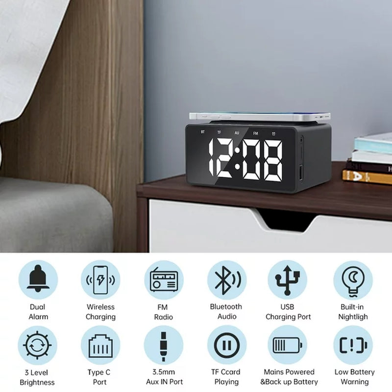 Alarm Clock Radio Wireless Charging & USB Port Bluetooth Speaker LED Display