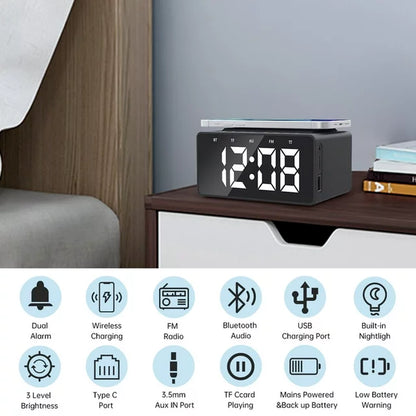 Alarm Clock Radio Wireless Charging & USB Port Bluetooth Speaker LED Display